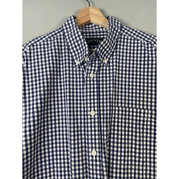 ORVIS Men's Navy Gingham Button Down Shirt Size XL Short Sleeve Outdoor Preppy - Picture 3 of 11